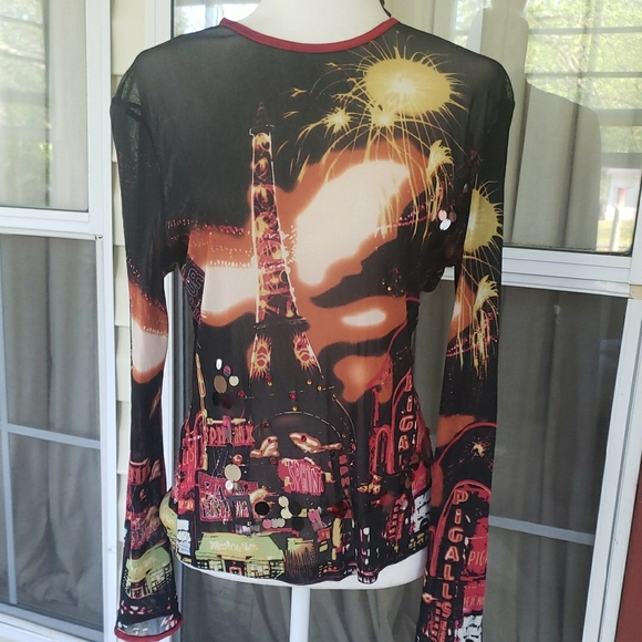 Etcetera Tops - ETCETERA Iconic Semi Sheer Nightime City Scrape With Eiffel Tower Mesh Top